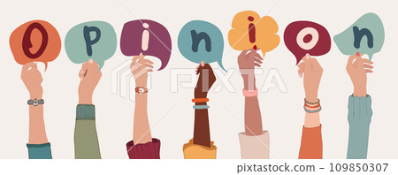 Group arms and raised hands of diverse people holding a speech bubble with letters inside forming the text -Opinion- Various people expressing their opinion. Community.Communication.Banner 109850307
