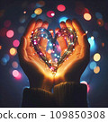 AI-generated content. Garland with heart-shaped lights in the palms. Valentine's day background with bokeh 109850308