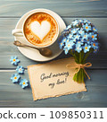 AI-generated content. Morning cup of coffee on Valentine's Day with the inscription Good morning my love, a bouquet of forget-me-nots. 109850311