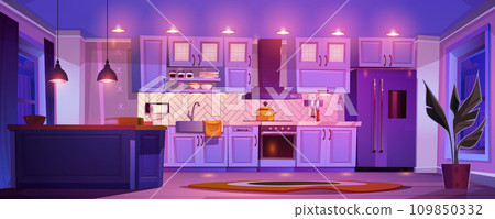Home kitchen interior at night Home kitchen interior at night 109850332