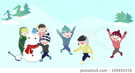 Children playing in the snow by having snowball fights and making snowmen Children playing in the snow by having snowball fights and making snowmen 109850358