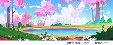 Spring landscape with pink flowering tree and lake Spring landscape with pink flowering tree and lake 109850359