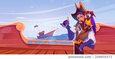 Pirate with eye patch, parrot and bomb on ship Pirate with eye patch, parrot and bomb on ship 109850371