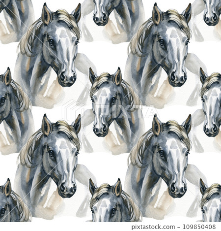 Seamless pattern with watercolor white horses. Equestrian sport traditional style for trendy fashion fabric. 109850408