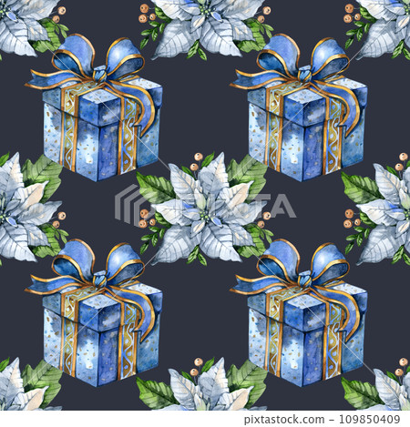 Seamless pattern with Christmas elements White poinsettia. Watercolor illustration. 109850409