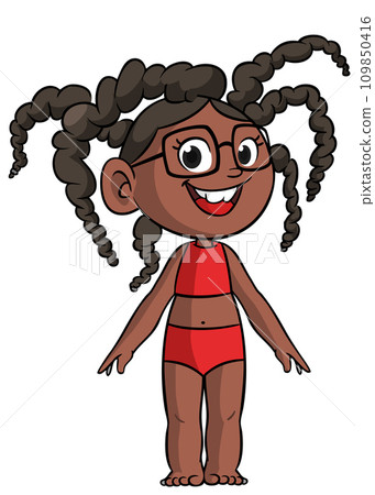 Cute young afro-american girl in swimming suit. Vector cartoon  illustration of a teenager in casual street clothes presenting. Outlined 109850416