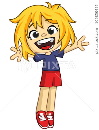 Cute little girl waving and smiling. Vector cartoon illustration of a teenager in casual street clothes presenting. Outlined Cute little girl waving and smiling. Vector cartoon illustration of a teenager in casual street clothes presenting. Outlined 109850435
