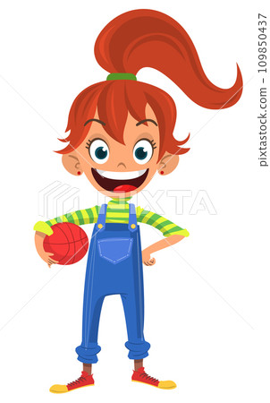 Cute young girl with basketball. Vector cartoon illustration of a teenager in casual street clothes presenting. Outlined Cute young girl with basketball. Vector cartoon illustration of a teenager in casual street clothes presenting. Outlined 109850437