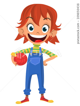 Cute young girl with basketball. Vector cartoon illustration of a teenager in casual street clothes presenting. Outlined Cute young girl with basketball. Vector cartoon illustration of a teenager in casual street clothes presenting. Outlined 109850438
