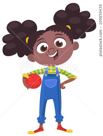 Cute afro-american girl holding a ball. Vector cartoon illustration of a teenager in casual street clothes presenting. Outlined Cute afro-american girl holding a ball. Vector cartoon illustration of a teenager in casual street clothes presenting. Outlined 109850439