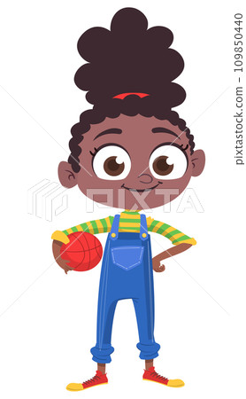 Cute afro-american girl holding a ball. Vector cartoon illustration of a teenager in casual street clothes presenting. Outlined Cute afro-american girl holding a ball. Vector cartoon illustration of a teenager in casual street clothes presenting. Outlined 109850440