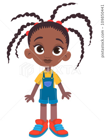 Cute young afro-american girl waving and smiling. Vector cartoon illustration of a teenager in casual street clothes presenting. Outlined Cute young afro-american girl waving and smiling. Vector cartoon illustration of a teenager in casual street clothes presenting. Outlined 109850441