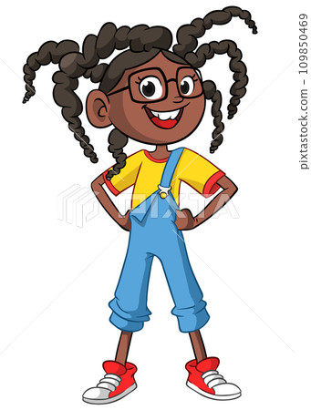 Cute young afro-american girl waving and smiling. Vector cartoon illustration of a teenager in casual street clothes presenting. Outlined Cute young afro-american girl waving and smiling. Vector cartoon illustration of a teenager in casual street clothes presenting. Outlined 109850469