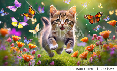小貓在花園和蝴蝶玩耍 109851066