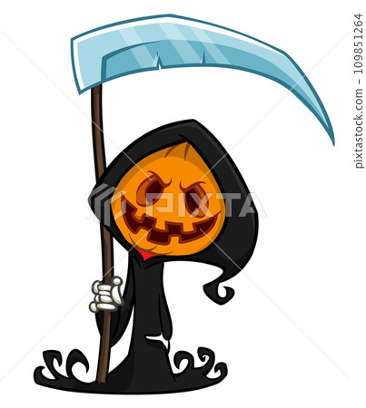 Grim reaper pumpkin head cartoon character with scythe. Halloween jack o lantern illustration design for party invitation or poster. Vector scarecrow Grim reaper pumpkin head cartoon character with scythe. Halloween jack o lantern illustration design for party invitation or poster. Vector scarecrow 109851264