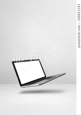 Floating computer laptop isolated on white. Vertical background Floating computer laptop isolated on white. Vertical background 109851281