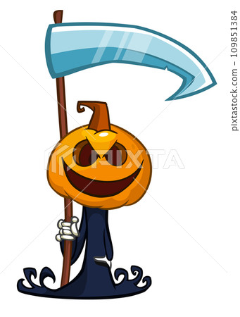 Grim reaper pumpkin head cartoon character with scythe. Halloween jack o lantern illustration design for party invitation or poster. Vector scarecrow Grim reaper pumpkin head cartoon character with scythe. Halloween jack o lantern illustration design for party invitation or poster. Vector scarecrow 109851384