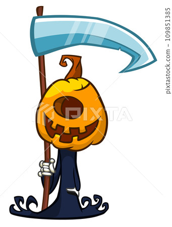 Grim reaper pumpkin head cartoon character with scythe. Halloween jack o lantern illustration design for party invitation or poster. Vector scarecrow Grim reaper pumpkin head cartoon character with scythe. Halloween jack o lantern illustration design for party invitation or poster. Vector scarecrow 109851385