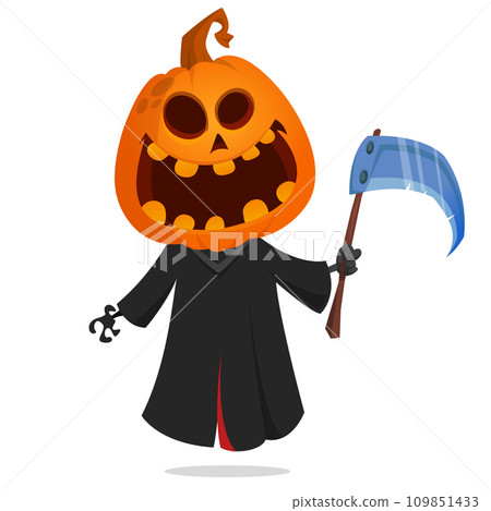 Grim reaper pumpkin head cartoon character with scythe. Halloween jack o lantern illustration design for party invitation or poster. Vector scarecrow Grim reaper pumpkin head cartoon character with scythe. Halloween jack o lantern illustration design for party invitation or poster. Vector scarecrow 109851433