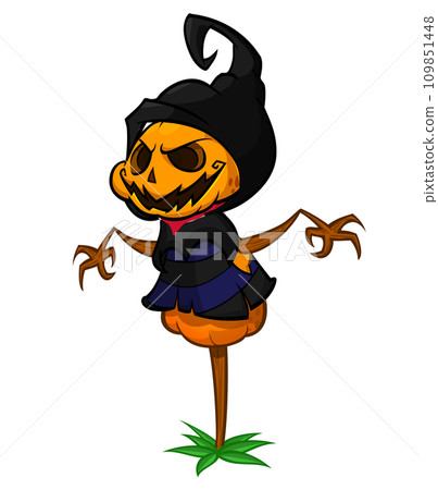 Grim reaper pumpkin head cartoon character with scythe. Halloween jack o lantern illustration design for party invitation or poster. Vector scarecrow Grim reaper pumpkin head cartoon character with scythe. Halloween jack o lantern illustration design for party invitation or poster. Vector scarecrow 109851448