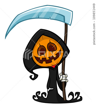 Grim reaper pumpkin head cartoon character with scythe. Halloween jack o lantern illustration design for party invitation or poster. Vector scarecrow 109851449