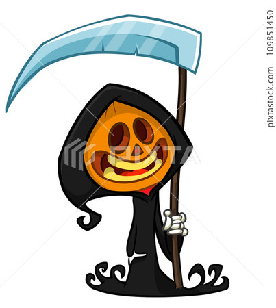 Grim reaper pumpkin head cartoon character with scythe. Halloween jack o lantern illustration design for party invitation or poster. Vector scarecrow Grim reaper pumpkin head cartoon character with scythe. Halloween jack o lantern illustration design for party invitation or poster. Vector scarecrow 109851450