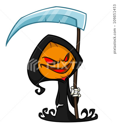 Grim reaper pumpkin head cartoon character with scythe. Halloween jack o lantern illustration design for party invitation or poster. Vector scarecrow 109851453
