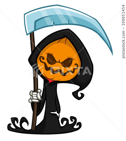 Grim reaper pumpkin head cartoon character with scythe. Halloween jack o lantern illustration design for party invitation or poster. Vector scarecrow Grim reaper pumpkin head cartoon character with scythe. Halloween jack o lantern illustration design for party invitation or poster. Vector scarecrow 109851454