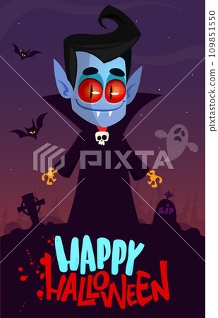 Vampire cartoon character on night cemetery background. Halloween illustration of funny creature. Package, poster or greeting invitation design. Vector 109851550