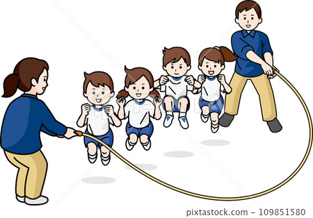 Children and teacher jump rope in gym clothes Children and teacher jump rope in gym clothes 109851580