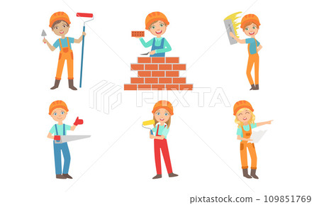 Cute Kids Construction Workers Set, Boys and Girls Builders Characters in Workwear Overalls and Hard Hats with Professional Tools Vector Illustration Cute Kids Construction Workers Set, Boys and Girls Builders Characters in Workwear Overalls and Hard Hats with Professional Tools Vector Illustration 109851769