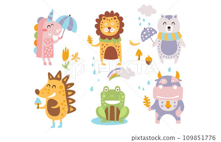 Cute Forest Animals Set, Autumn Season Design Elements, Unicorn, Lion, Cat, Hedgehog, Frog, Cow Vector Illustration Cute Forest Animals Set, Autumn Season Design Elements, Unicorn, Lion, Cat, Hedgehog, Frog, Cow Vector Illustration 109851776