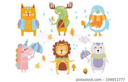 Cute Forest Animals Set, Autumn Season Design Elements, Cat, Moose, Penguin, Unicorn, Lion Vector Illustration 109851777