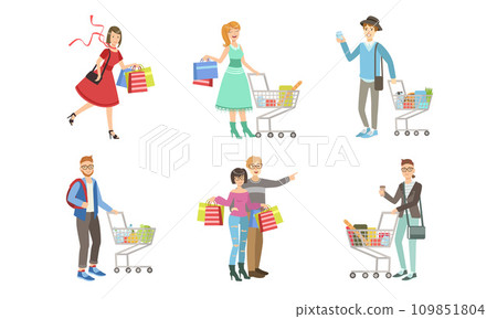 Collection of Different People Carrying Shopping Bags with Purchases and Pushing Carts Full of Groceries Vector Illustration 109851804