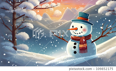 可愛的雪人戴著帽子站在雪地上 可愛的雪人戴著帽子站在雪地上 109852175