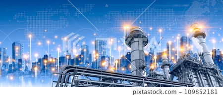 Eco Power Plant with Night Light Business City Background. Energy Industry Service Supply Power Lighting to People in The Modern Metro Urban Concept. 109852181