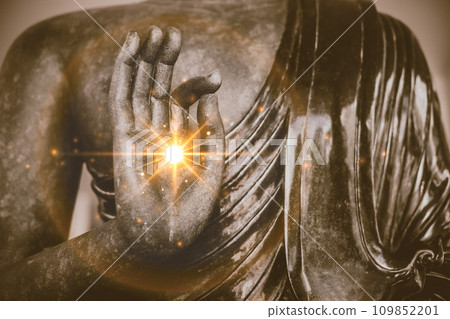 Buddha statue hand gestures in Mudras with sign of wisdom light and peaceful image buddhist religion culture 109852201