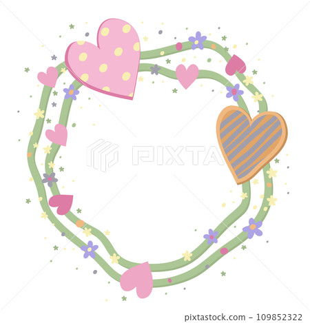 Vector rounded pastel frame with hearts and flowers isolated on white background. Vector rounded pastel frame with hearts and flowers isolated on white background. 109852322