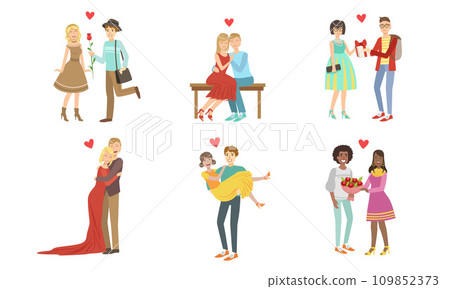 Happy Romantic Loving Couples Collection, Young Men and Women on Date, Walking, Hugging, Giving Gifts and Flowers, Having Dinner Vector Illustration Happy Romantic Loving Couples Collection, Young Men and Women on Date, Walking, Hugging, Giving Gifts and Flowers, Having Dinner Vector Illustration 109852373