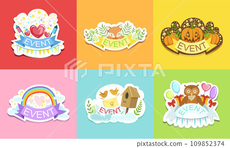 Holiday Stickers Set, Colorful Prints for Cards, Patches, Party Decoration Vector Illustration Holiday Stickers Set, Colorful Prints for Cards, Patches, Party Decoration Vector Illustration 109852374