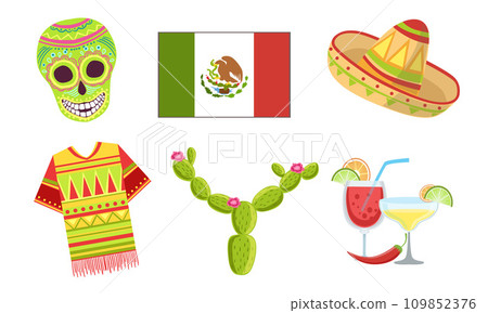 Traditional Cultural Mexico Symbols Set, Sugar Skull, Flag, Sombrero Hat, Cactus Vector Illustration Traditional Cultural Mexico Symbols Set, Sugar Skull, Flag, Sombrero Hat, Cactus Vector Illustration 109852376
