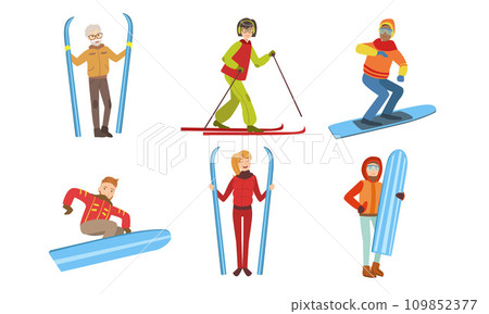 Winter Sport Activities Set, Different People in Warm Clothes Skiing and Snowboarding, Vector Illustration Winter Sport Activities Set, Different People in Warm Clothes Skiing and Snowboarding, Vector Illustration 109852377