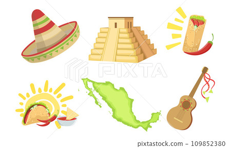 Traditional Cultural Mexico Symbols Set, Sombrero Hat, Map, Taco, Mayan Pyramid, Acoustic Guitar Vector Illustration Traditional Cultural Mexico Symbols Set, Sombrero Hat, Map, Taco, Mayan Pyramid, Acoustic Guitar Vector Illustration 109852380