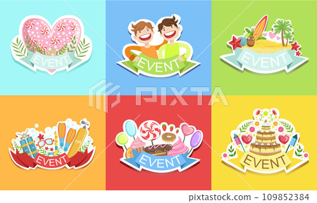 Cute Holiday Stickers Set, Colorful Prints for Cards, Patches, Party Decoration Vector Illustration 109852384