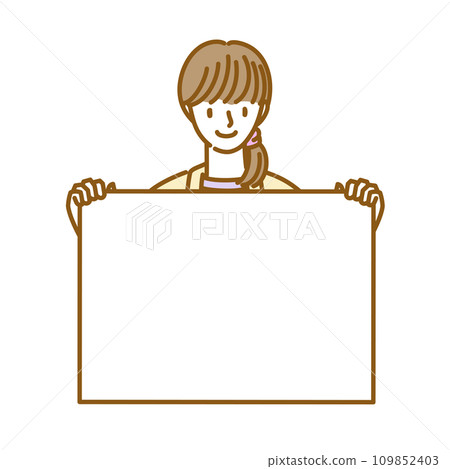 A woman smiles and poses holding a board 109852403