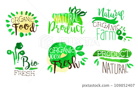 Organic Food Labels Set, Natural Farm Product Badges Hand Drawn Watercolor Vector Illustration 109852407