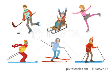 Winter Sport Activities Set, Different People Skiing, Sledding, Figure Skating, Playing Hokkey Vector Illustration 109852413