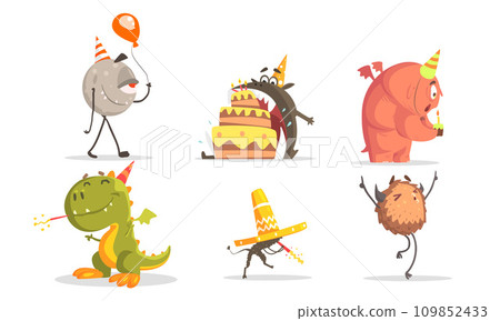 Cute Cartoon Monsters Characters Set, Birthday Party Design Element Vector Illustration Cute Cartoon Monsters Characters Set, Birthday Party Design Element Vector Illustration 109852433