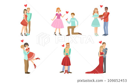 Happy Romantic Loving Couples Collection, Young Men and Women on Date, Walking, Hugging, Making Proposal Vector Illustration 109852453