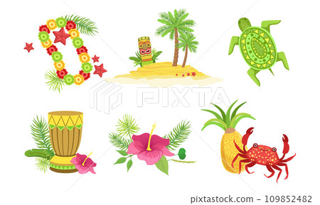 Collection of Hawaiian Traditional Objects, Flower Necklace, Palm Tree, Tiki Mask, Drum, Crab, Pineapple, Hibiscus Flower Vector Illustration 109852482